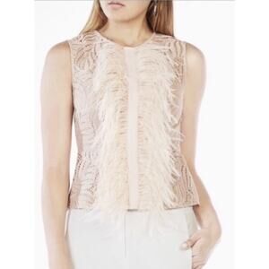 BCBG Max Azria "Meg" Crochet Lace Tank w/ Feathers Sz Small Blush